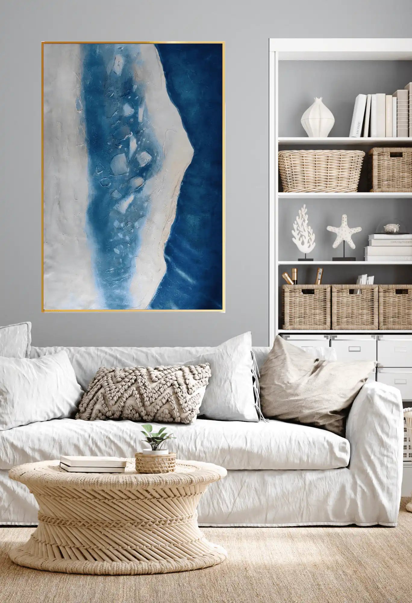 Deep Blue and White Geode Abstract Landscape Hand-Painted Canvas Art | HP016