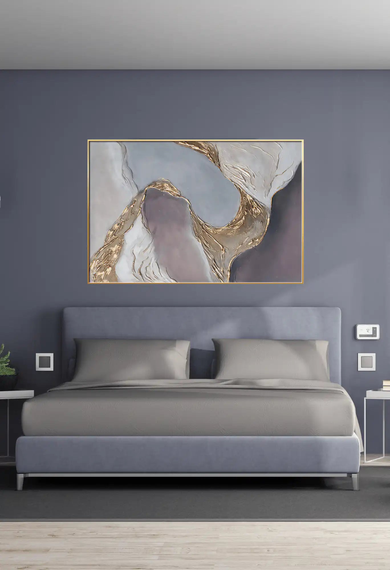 Mauve Slate Blue and Gold Abstract Waves Oversize Canvas Print Wall Art | CP119