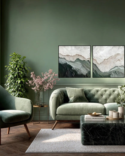 Sage Green and White Abstract Diptych Canvas Print Wall Art | CP194