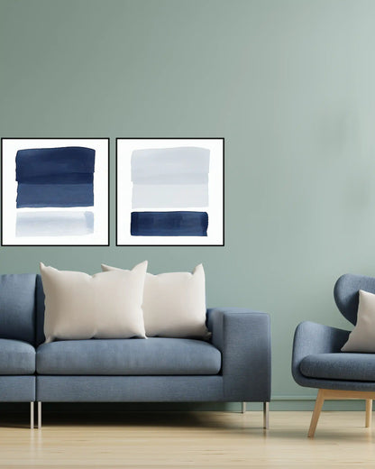 Navy Blue and White Abstract Diptych Canvas Print Wall Art | CP193