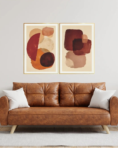 Burgundy and Terracotta Abstract Geometric Diptych Canvas Print Wall Art | CP208