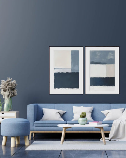 Navy and Slate Blue Abstract Block Diptych Canvas Print Wall Art | CP206