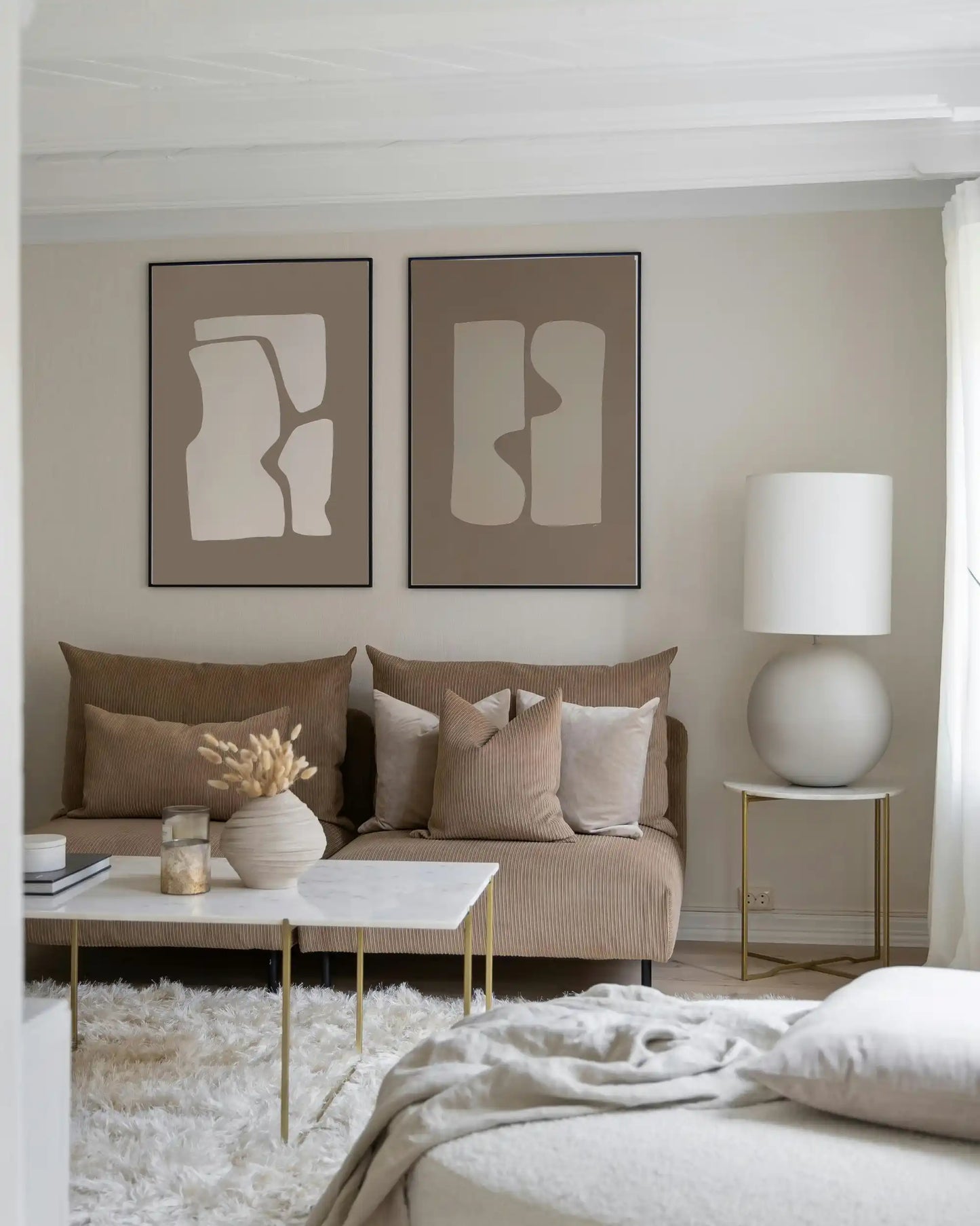 Taupe and Beige Abstract Organic Shapes Diptych Canvas Print Wall Art | CP211