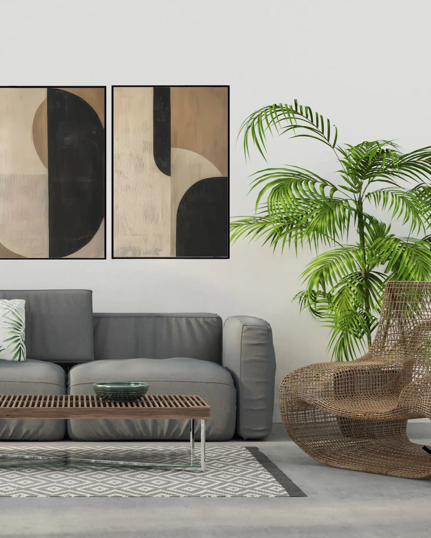 Black and Beige Wabi-Sabi Abstract Geometric Diptych Canvas Print Wall Art | CP212