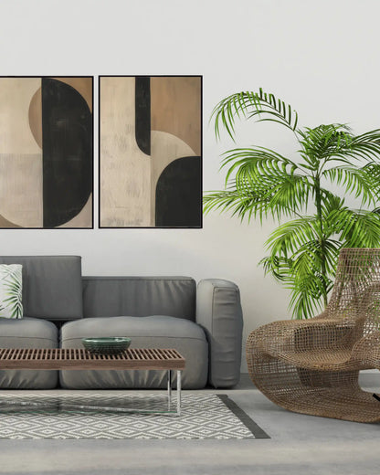 Black and Beige Wabi-Sabi Abstract Geometric Diptych Canvas Print Wall Art | CP212