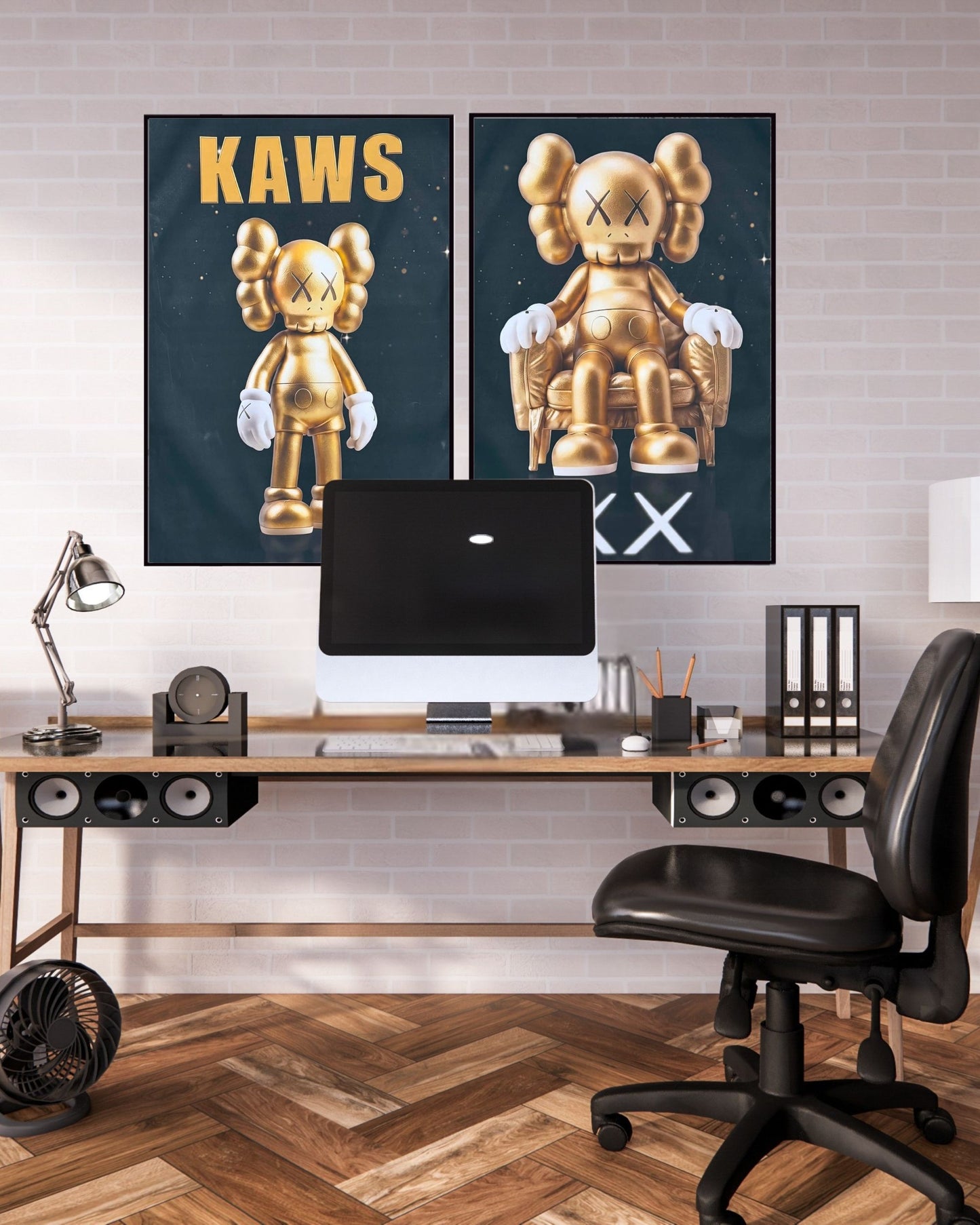 Gold and Black KAWS Companion Diptych Canvas Print Wall Art | CP223