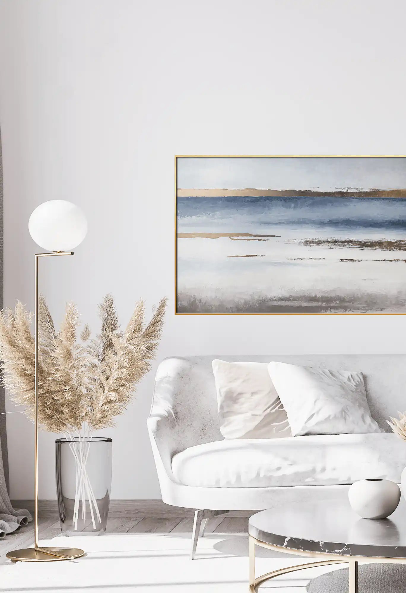 Blue Gold and White Abstract Horizon Oversize Canvas Print Wall Art | CP089