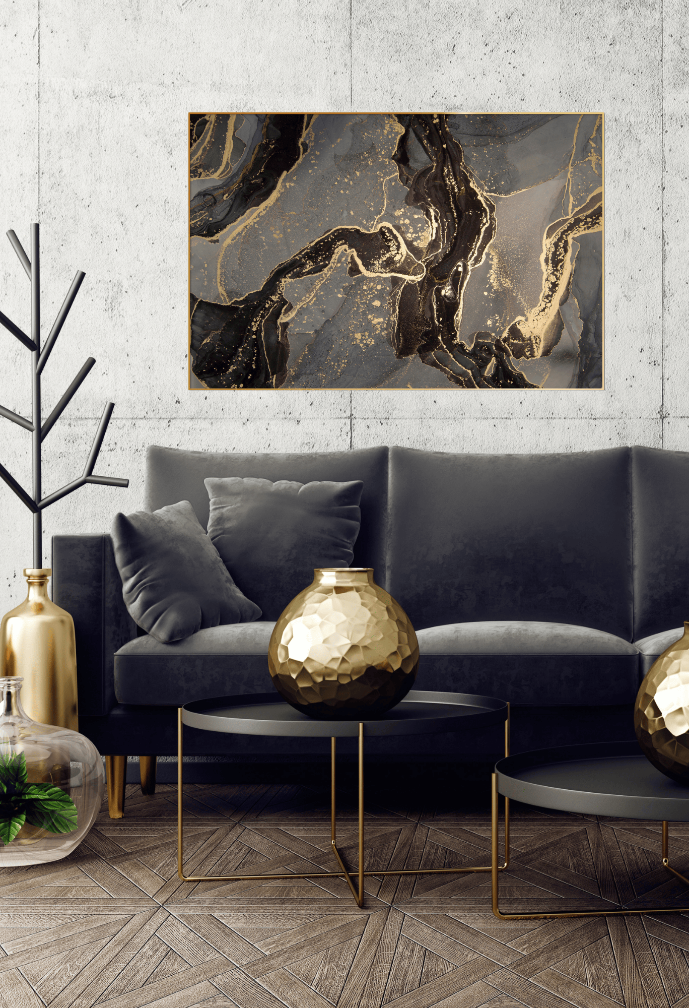 Black Gold and Grey Fluid Ink Abstract Canvas Print Wall Art 80x120 cm | CP131