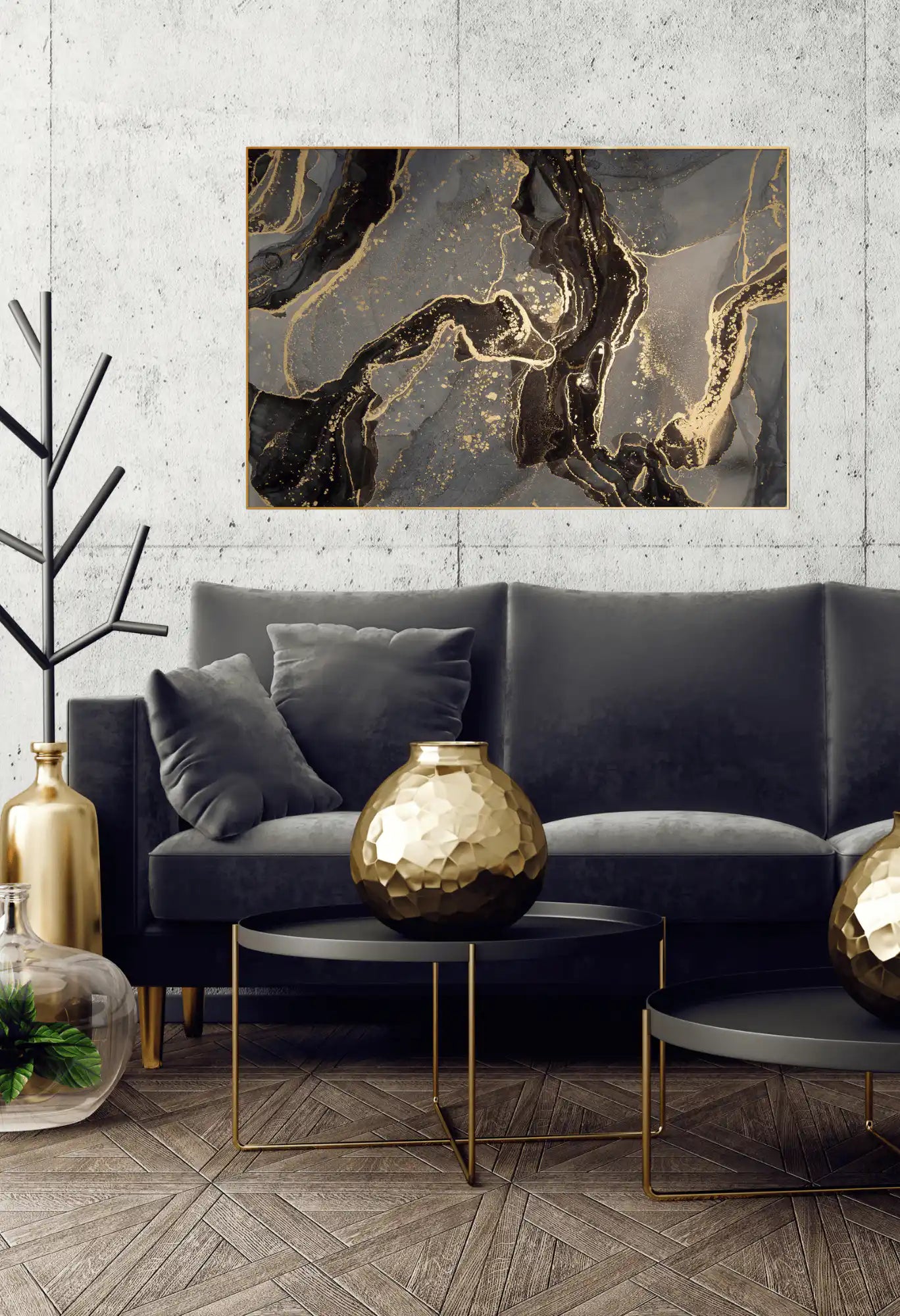Black Gold and Grey Fluid Ink Abstract Oversize Canvas Print Wall Art | CP131