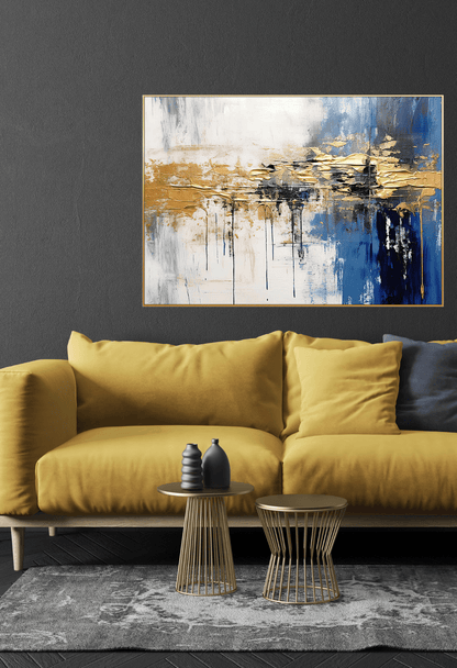 Blue Gold and White Abstract Drips Canvas Print Wall Art 80x120 cm | CP148