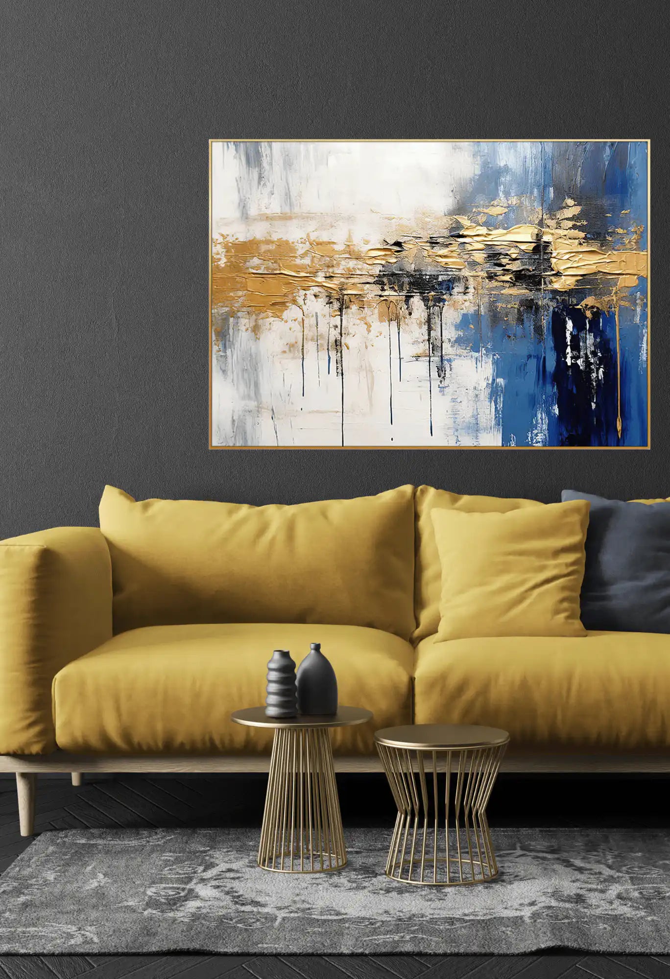 Blue Gold and White Abstract Drips Oversize Canvas Print Wall Art | CP148