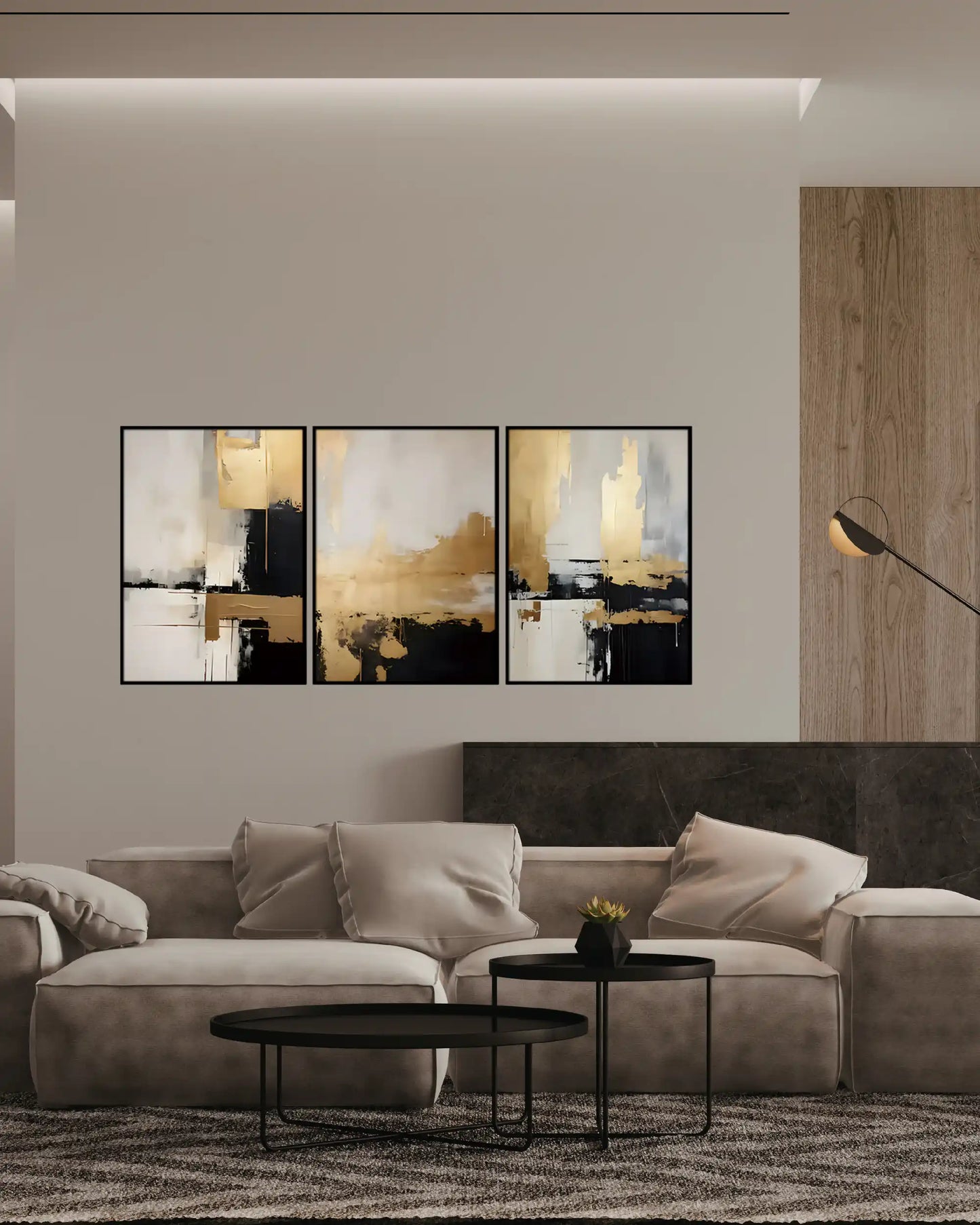 Black Gold and White Abstract Triptych Canvas Print Wall Art | CP186