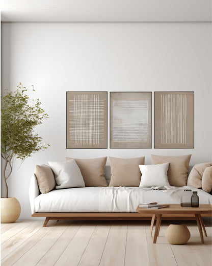 Tan Beige and White Wabi-Sabi Triptych Canvas Print Wall Art | CP220