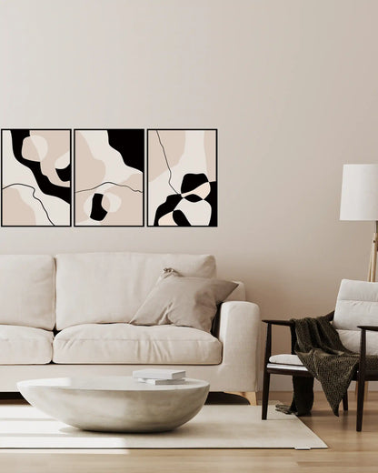 Beige Black and Cream Abstract Triptych Canvas Print Wall Art | CP189