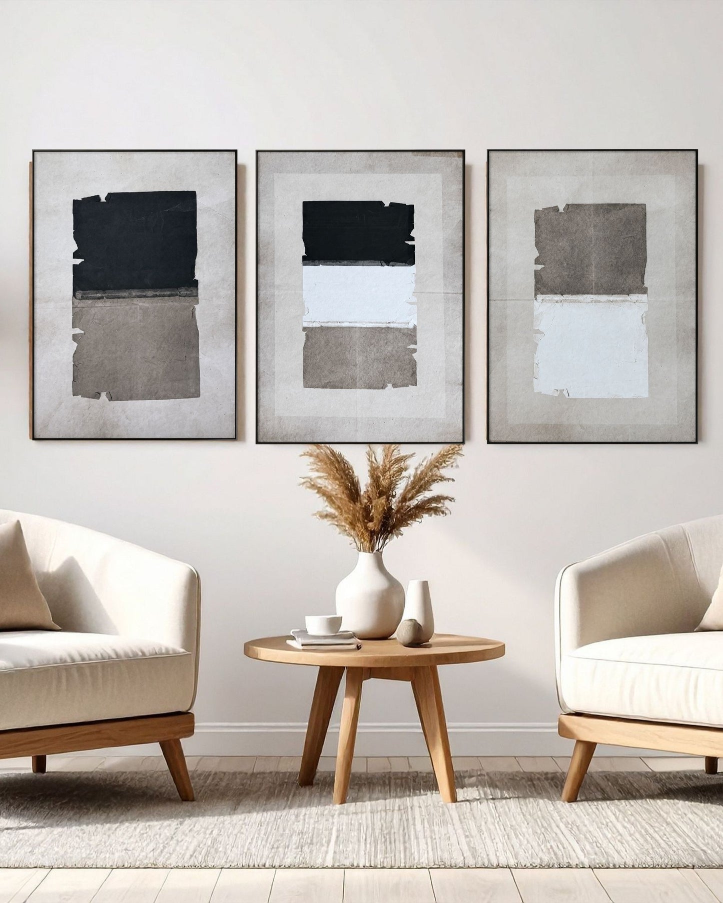 Black Charcoal and Beige Abstract Triptych Canvas Print Wall Art | CP219