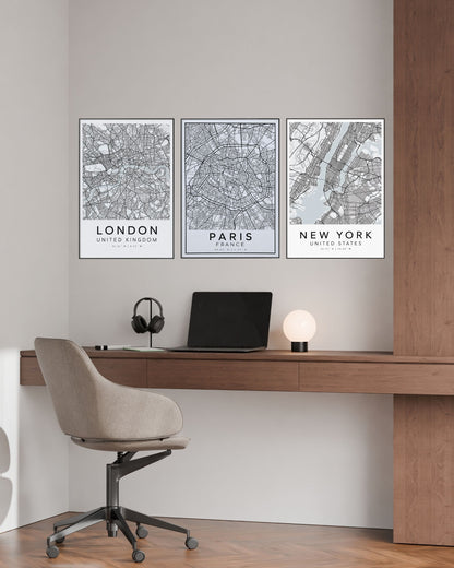 Black Grey and White City Map Triptych Canvas Print Wall Art | CP218