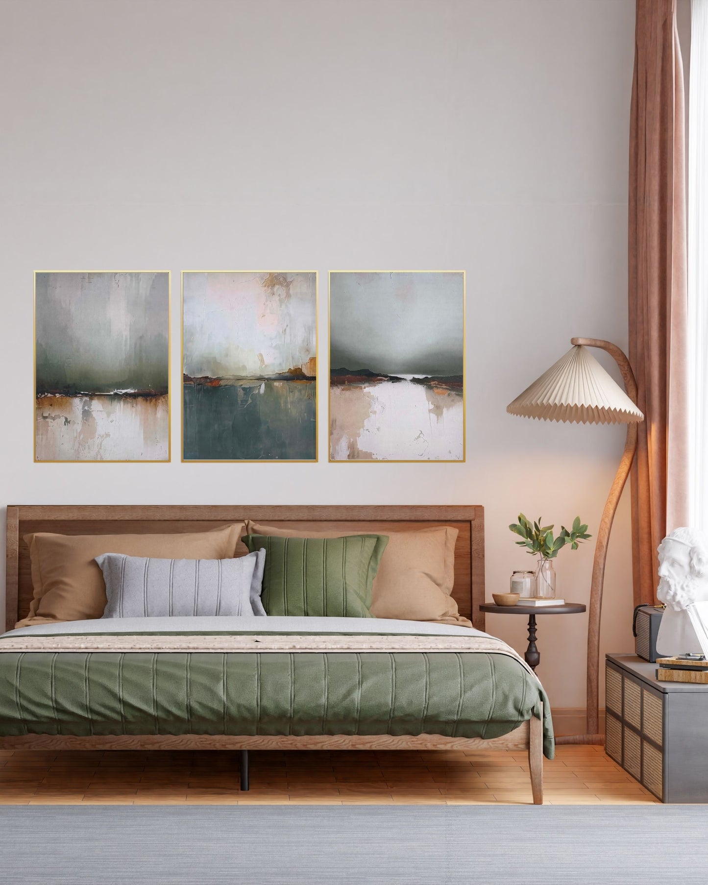 Sage Green and Earthy Abstract Triptych Canvas Print Wall Art | CP215