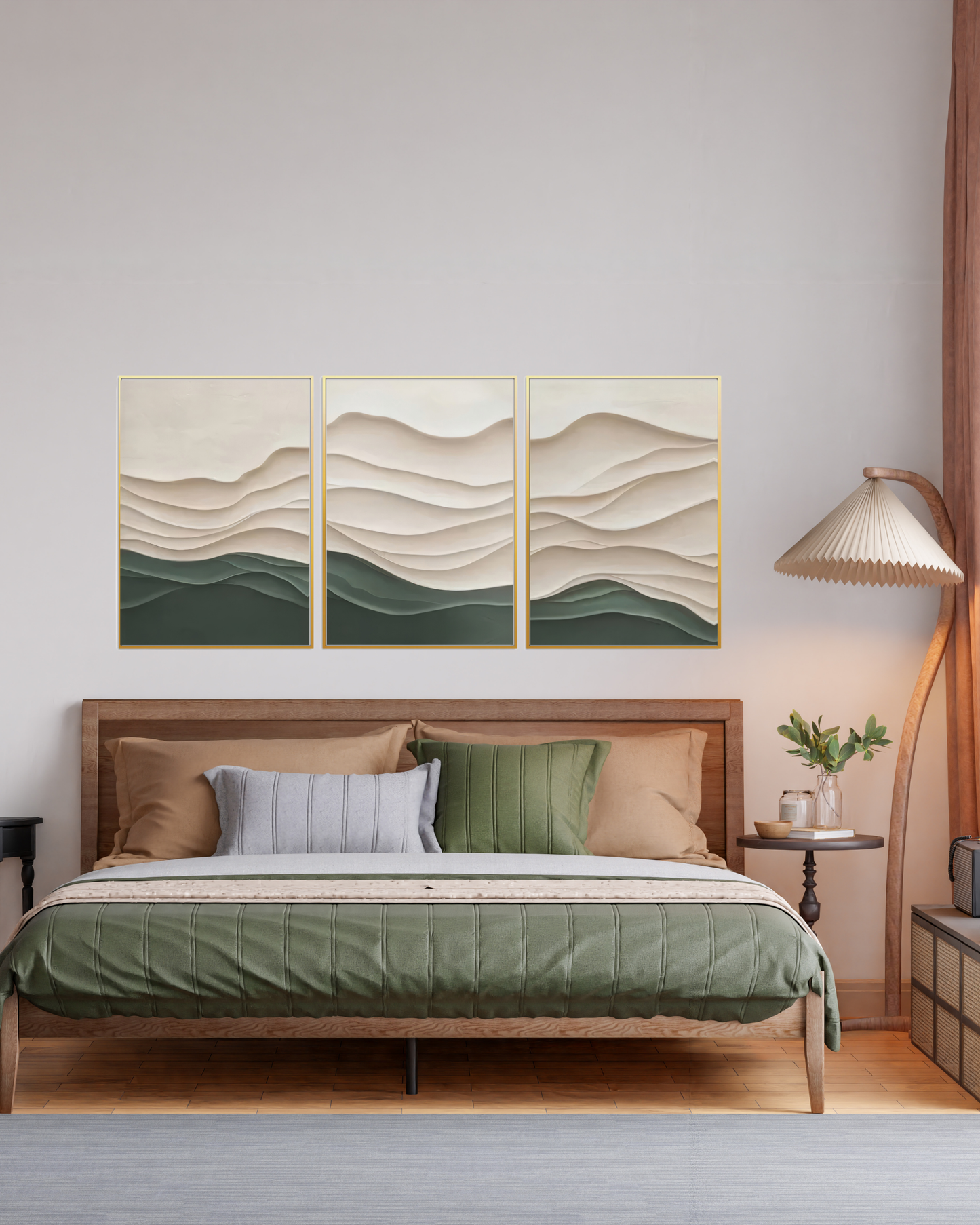 Sage Green and Beige Layered Wave Canvas Print Wall Art | CP195