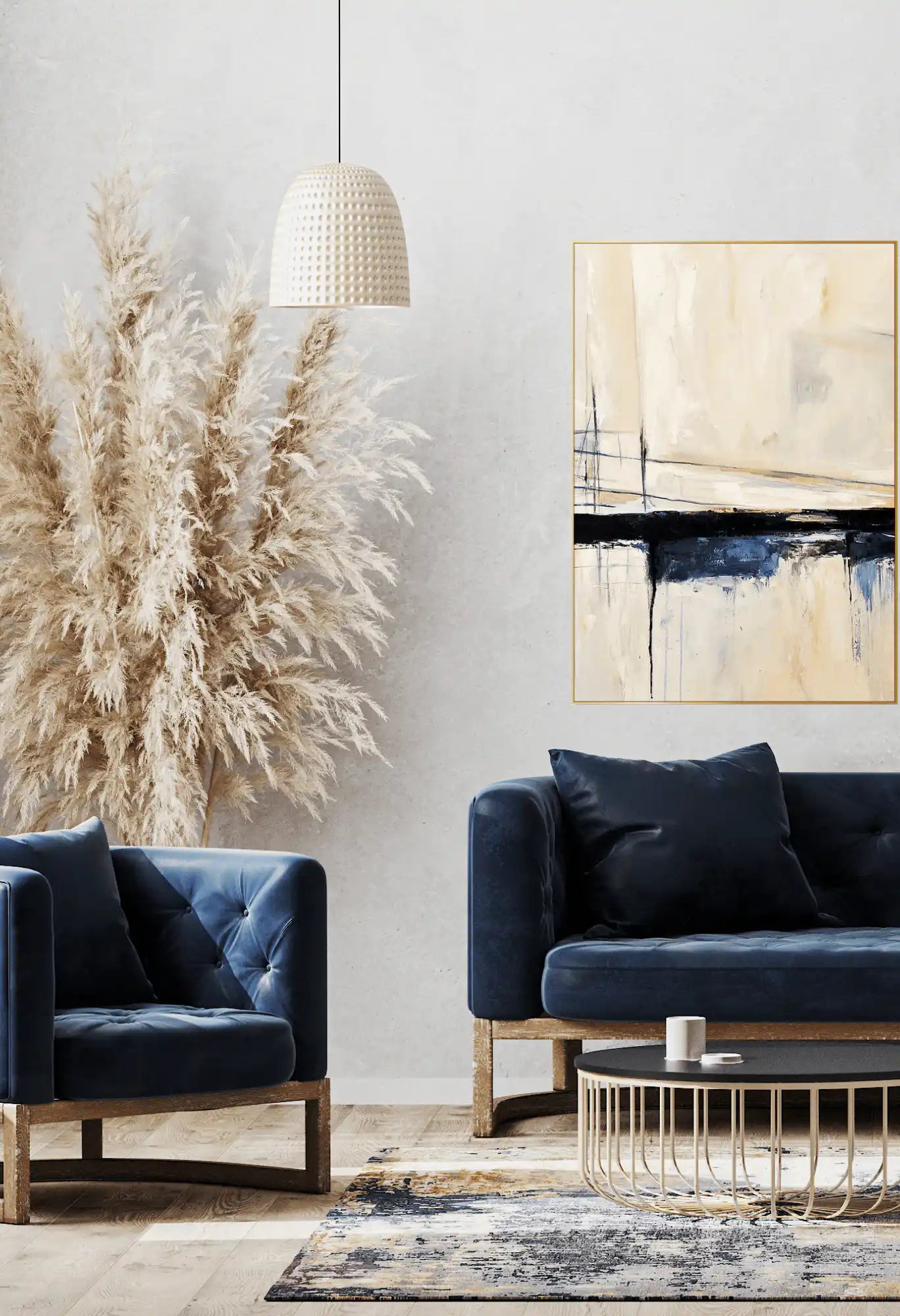 Blue and Beige Abstract Horizon Lines Oversize Canvas Print Wall Art | CP151
