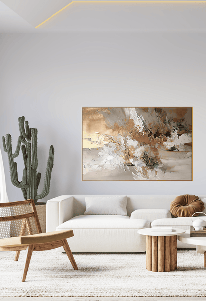 Gold Beige and White Abstract Splatters Canvas Print Wall Art 80x120 cm | CP161