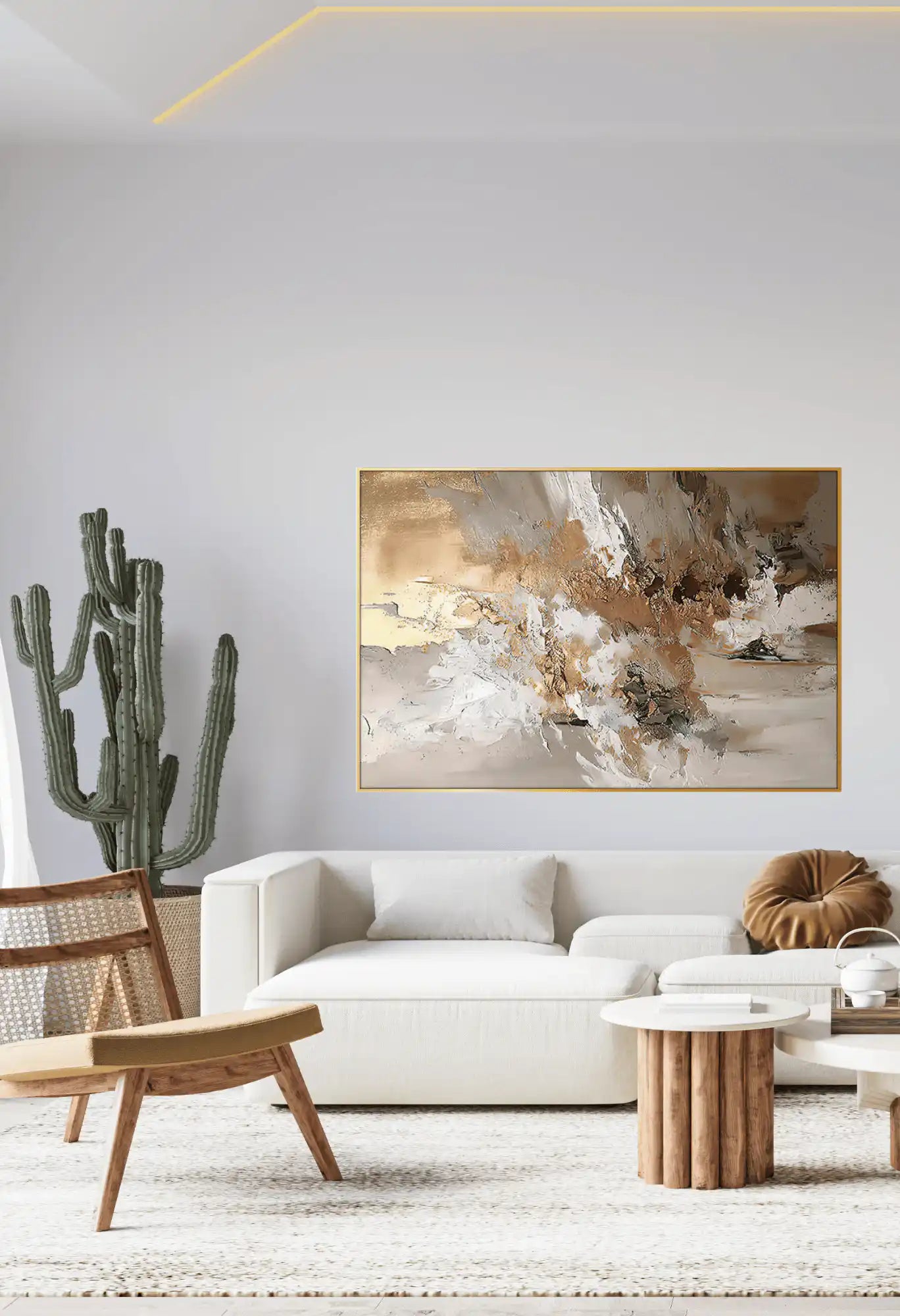 Gold Beige and White Abstract Splatters Oversize Canvas Print Wall Art | CP161