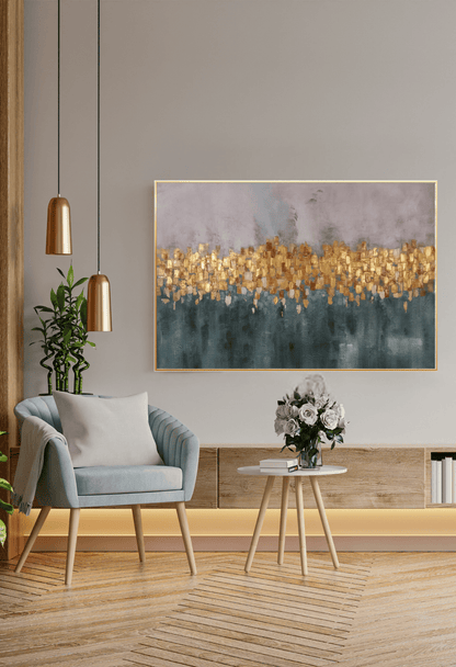 Muted Grey and Teal Horizon Line Abstract Hand-Painted Canvas Art | HP019