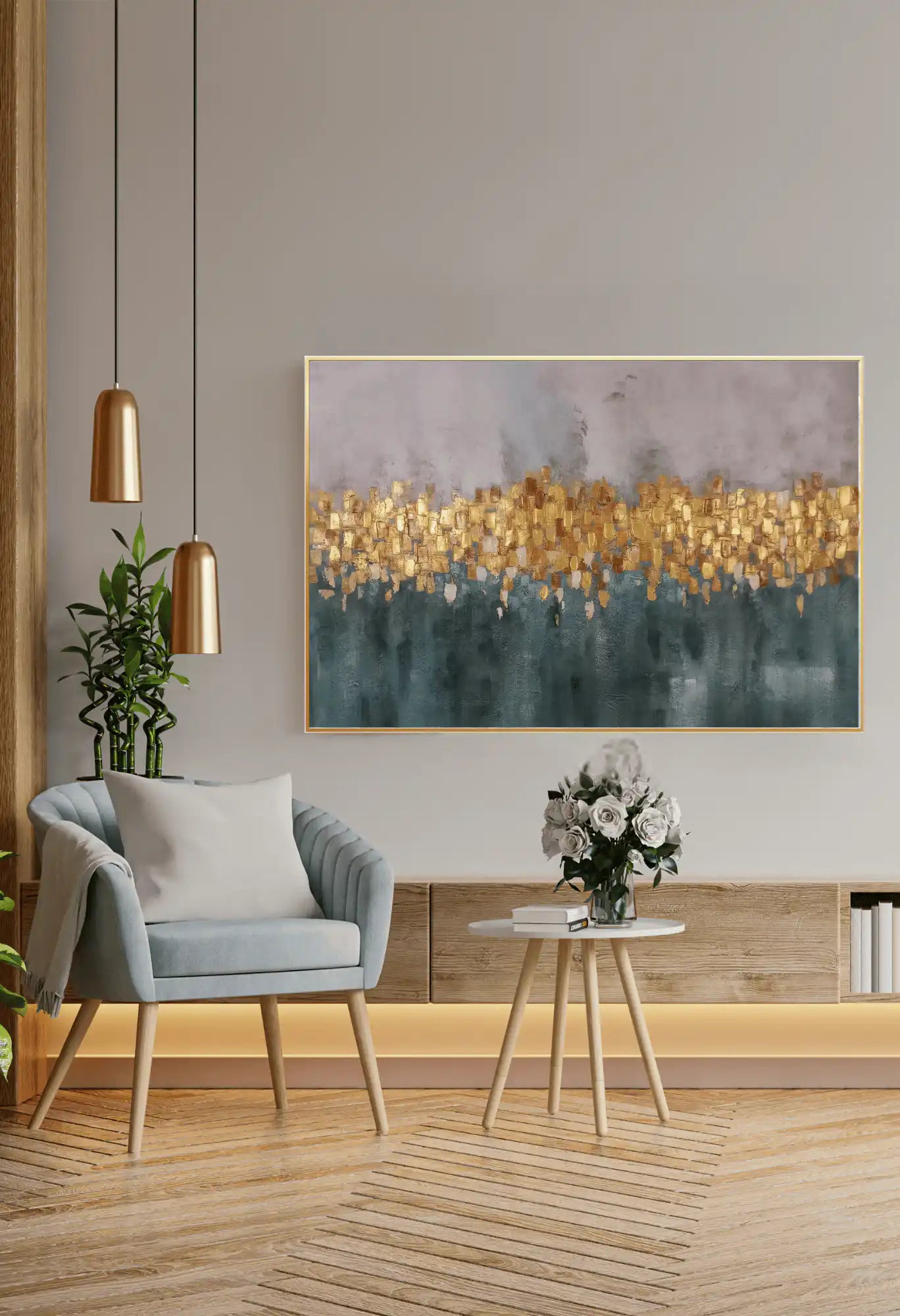 Muted Grey and Teal Horizon Line Abstract Hand-Painted Canvas Art | HP019