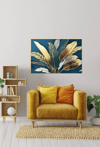 Navy Blue and Gold Tropical Leaves Oversize Canvas Print Wall Art | CP164