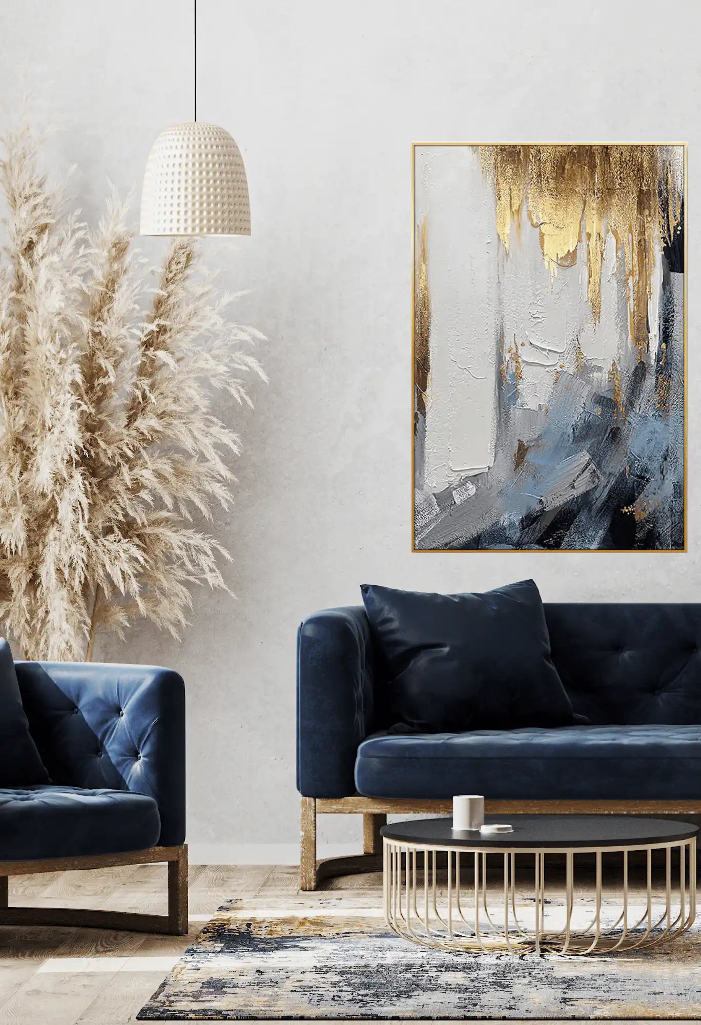 Blue and Gold Abstract Painted Design Oversize Canvas Print Wall Art | CP166