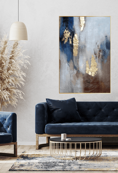 Metallic Gold Navy and Brown Fluid Fluid Abstract Hand-Painted Canvas Art | HP026