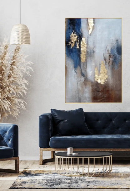 Metallic Gold Navy and Brown Fluid Fluid Abstract Hand-Painted Canvas Art | HP026