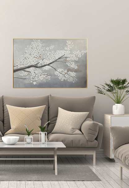 White Cherry Blossoms Grey Landscape Hand-Painted Canvas Art | HP047