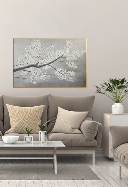 White Cherry Blossoms Grey Landscape Hand-Painted Canvas Art | HP047