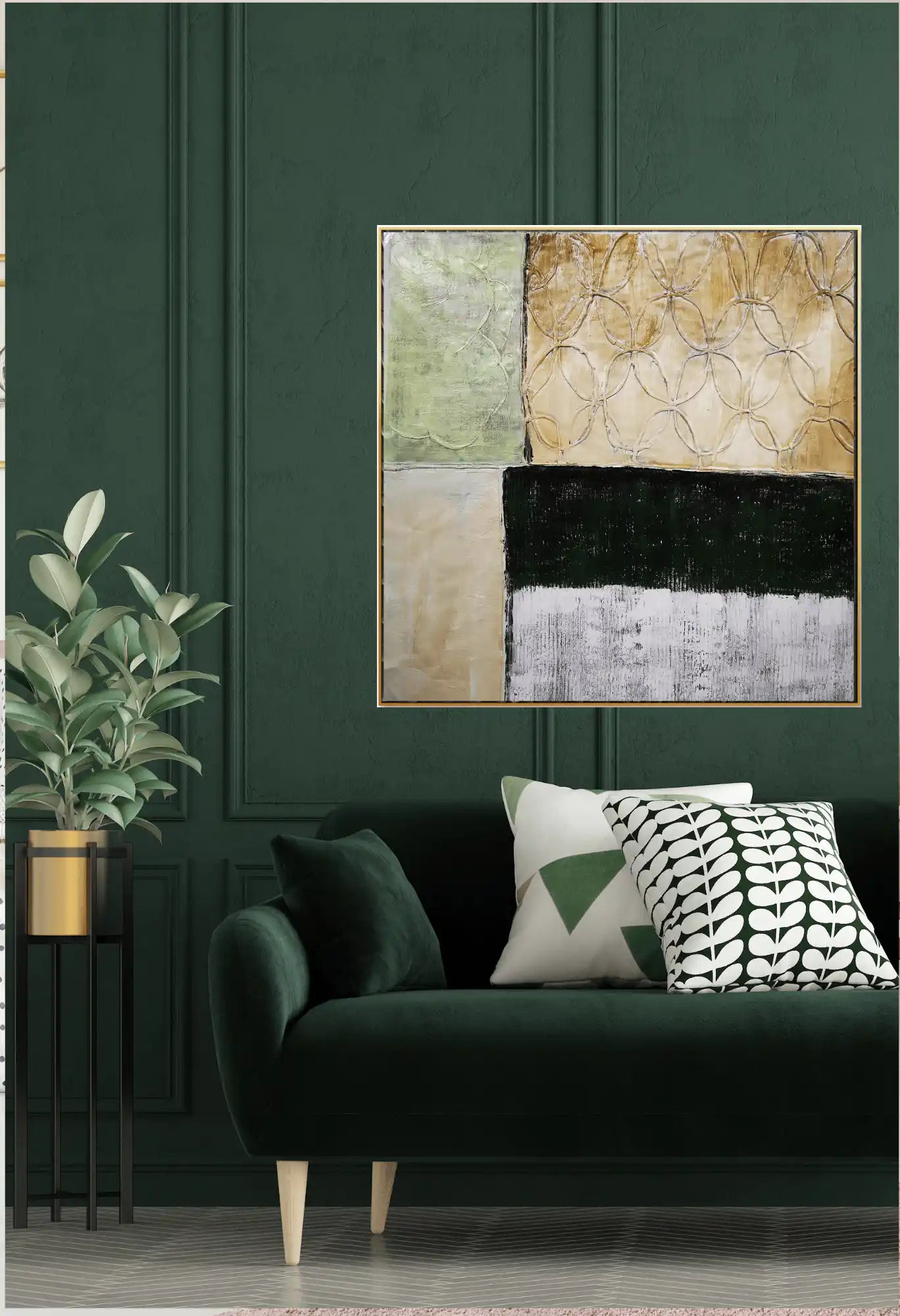 Sage Green and Tan Grid Geometric Abstract Hand-Painted Canvas Art | HP003