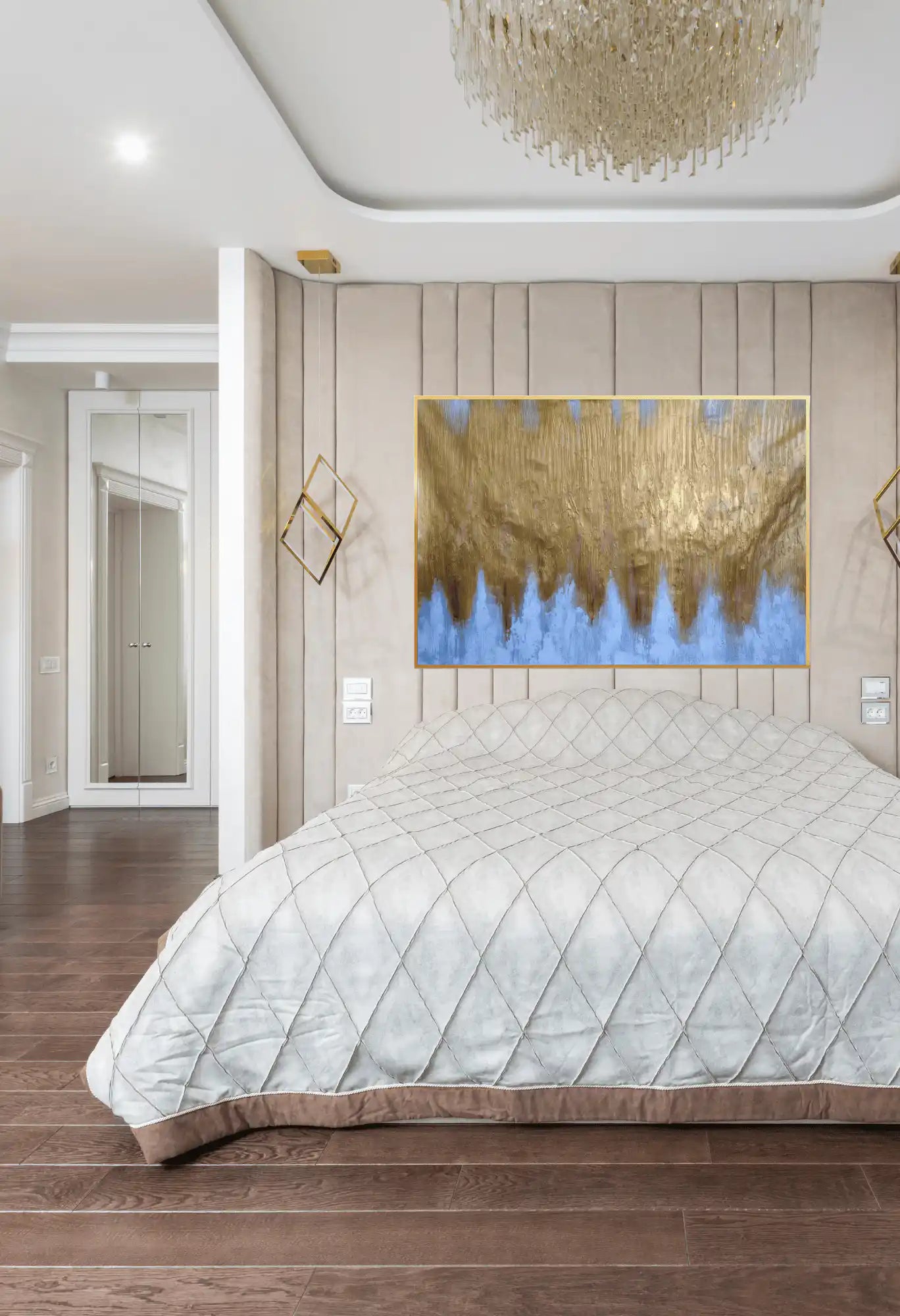 Metallic Gold Grey and White Abstract Dripping Peaks Hand-Painted Canvas Art | HP018