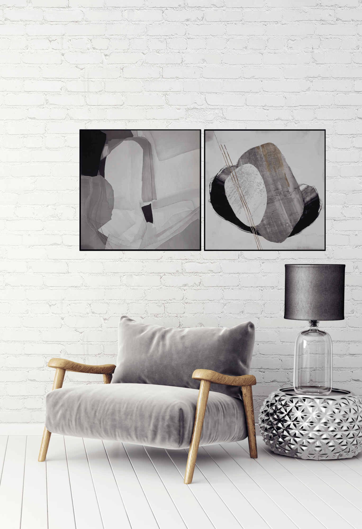 Black Grey and White Abstract Shapes Canvas Print Wall Art 80x80 cm Set Minimalist Diptych | CP027029