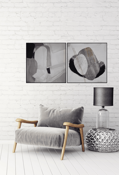 Black Grey and White Abstract Shapes Canvas Print Wall Art 80x80 cm Set Minimalist Diptych | CP027029