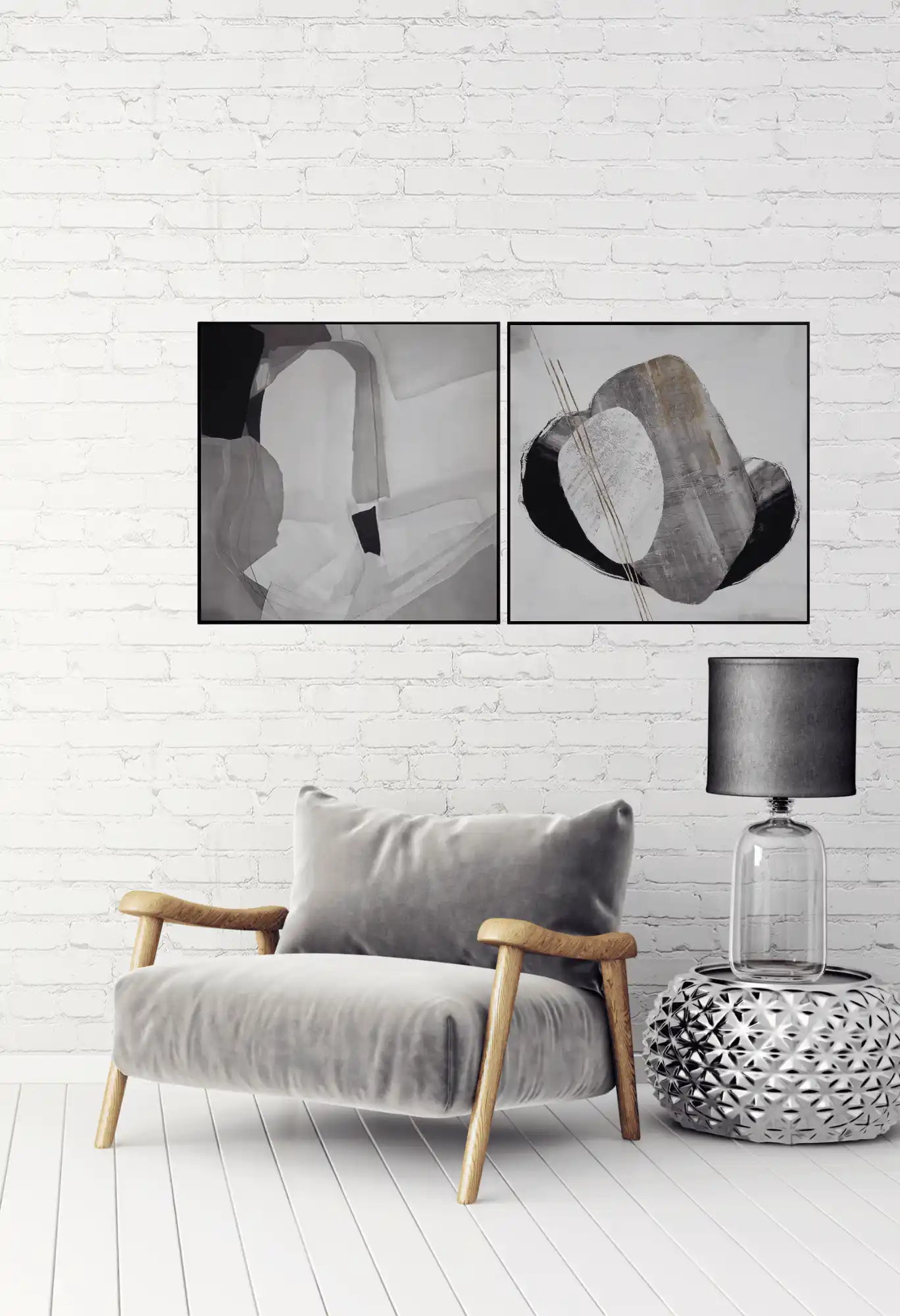 Black Grey and White Abstract Shapes Diptych Canvas Print Wall Art | CP027029