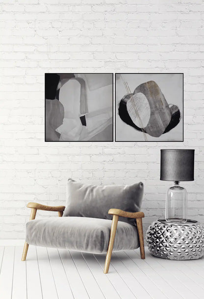 Black Grey and White Abstract Shapes Diptych Canvas Print Wall Art | CP027029