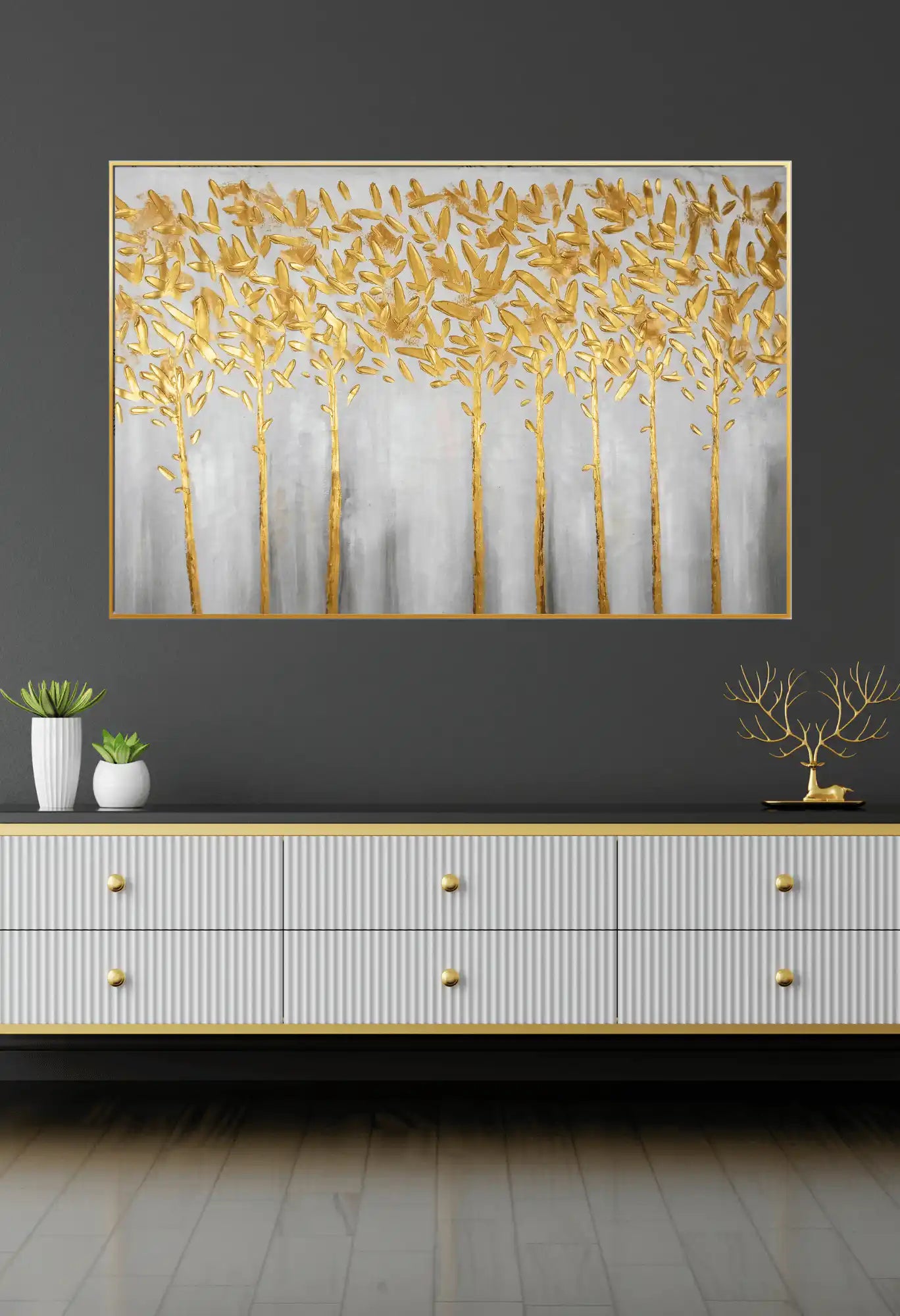 Metallic Gold Forest Canopy Abstract Hand-Painted Canvas Art | HP025