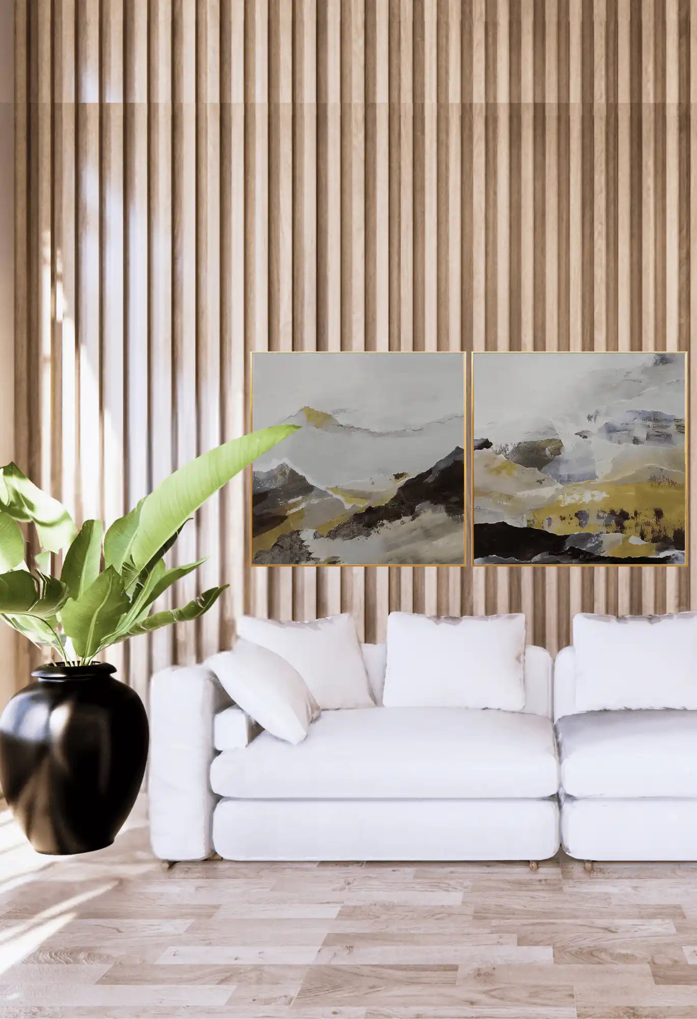 Mustard Yellow and Grey Abstract Diptych Canvas Print Wall Art | CP037038