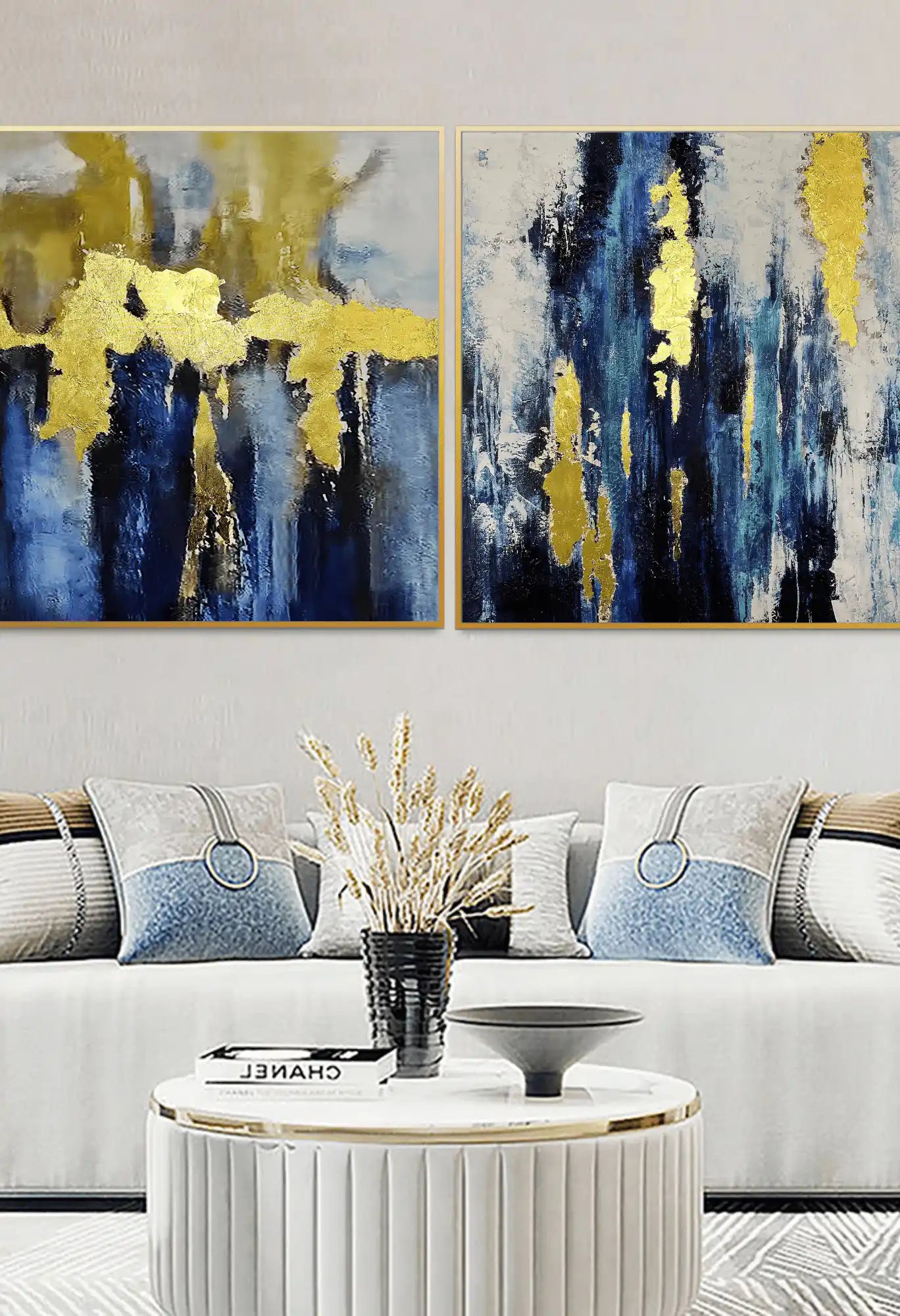 Navy Blue and Gold Abstract Expressionist Diptych Canvas Print Wall Art | CP019020