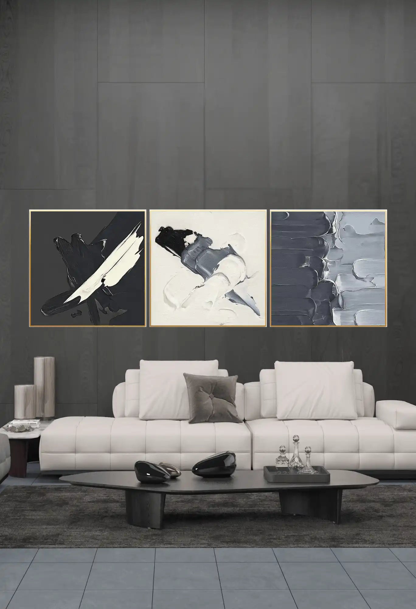 Black Grey and Beige Abstract Brushstroke Diptych Canvas Print Wall Art | CP024025026