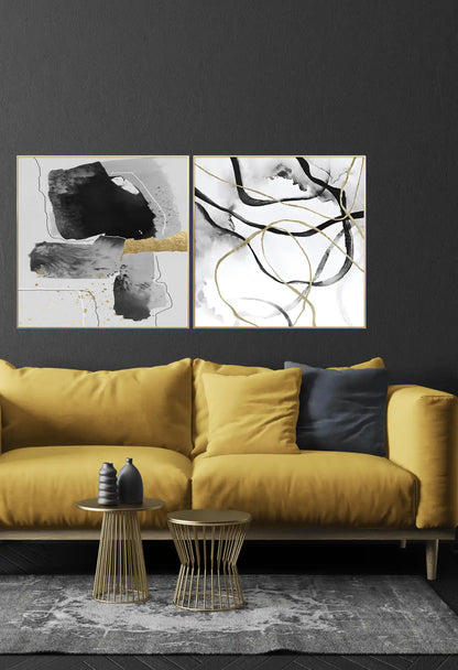 Black Gold and Grey Geometric Abstract Diptych Canvas Print Wall Art | CP032041