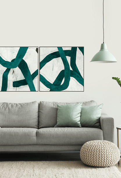 Emerald Green and White Abstract Line Canvas Print Wall Art 80x80 cm Set Minimalist Diptych | CP033034