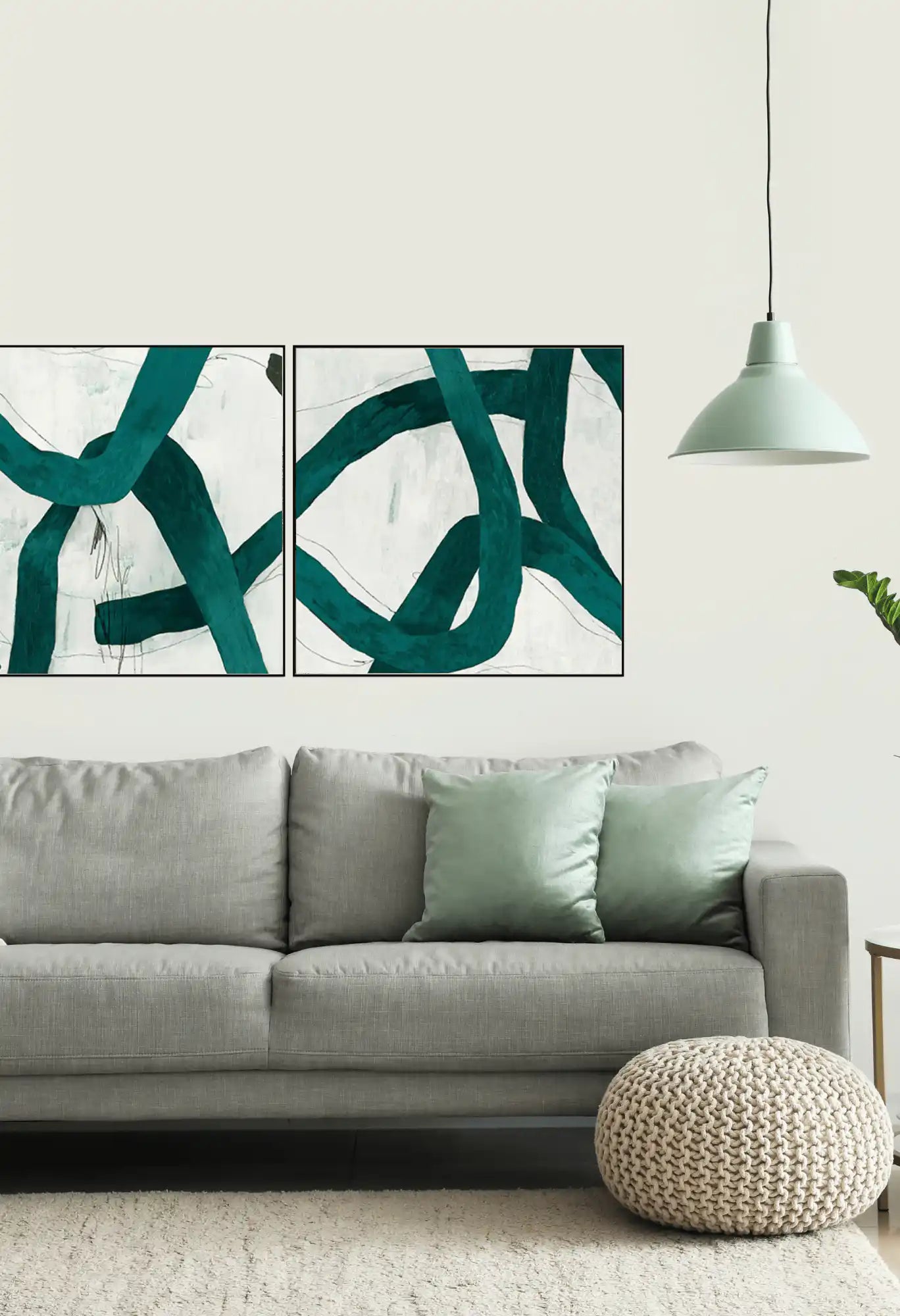 Emerald Green and White Abstract Line Diptych Canvas Print Wall Art | CP033034