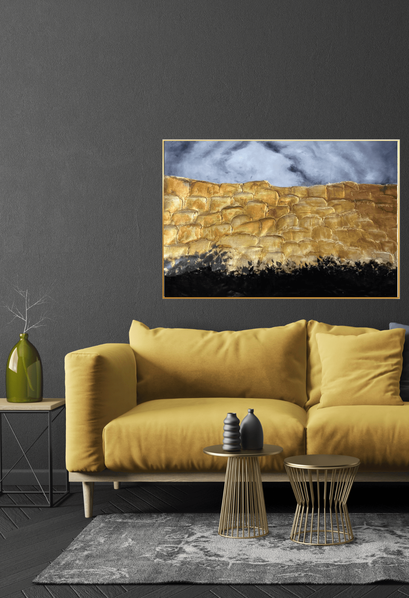 Metallic Gold Textured Brick Wall Original Hand-Painted Canvas Art 85x125 cm | HP046