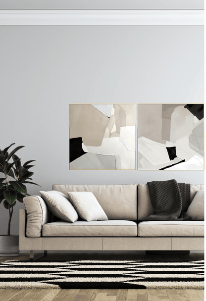 Beige and Black Abstract Geometric Canvas Print Wall Art 80x80 cm Set Minimalist Diptych | CP027029