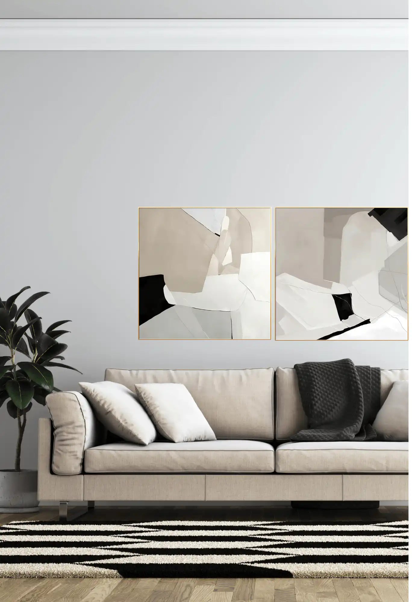Beige and Black Abstract Geometric Diptych Canvas Print Wall Art | CP027029