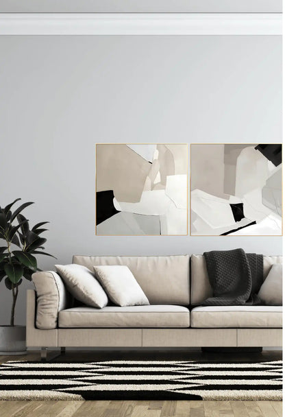 Beige and Black Abstract Geometric Diptych Canvas Print Wall Art | CP027029